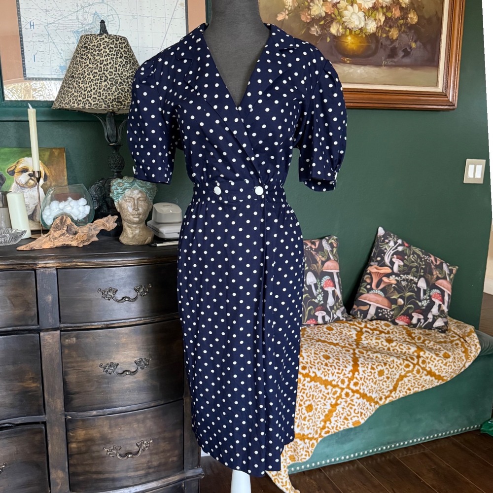 Vintage Ronni Nicole Petite Vintage Polka Dot Dress Navy Blue White Cotton 12P